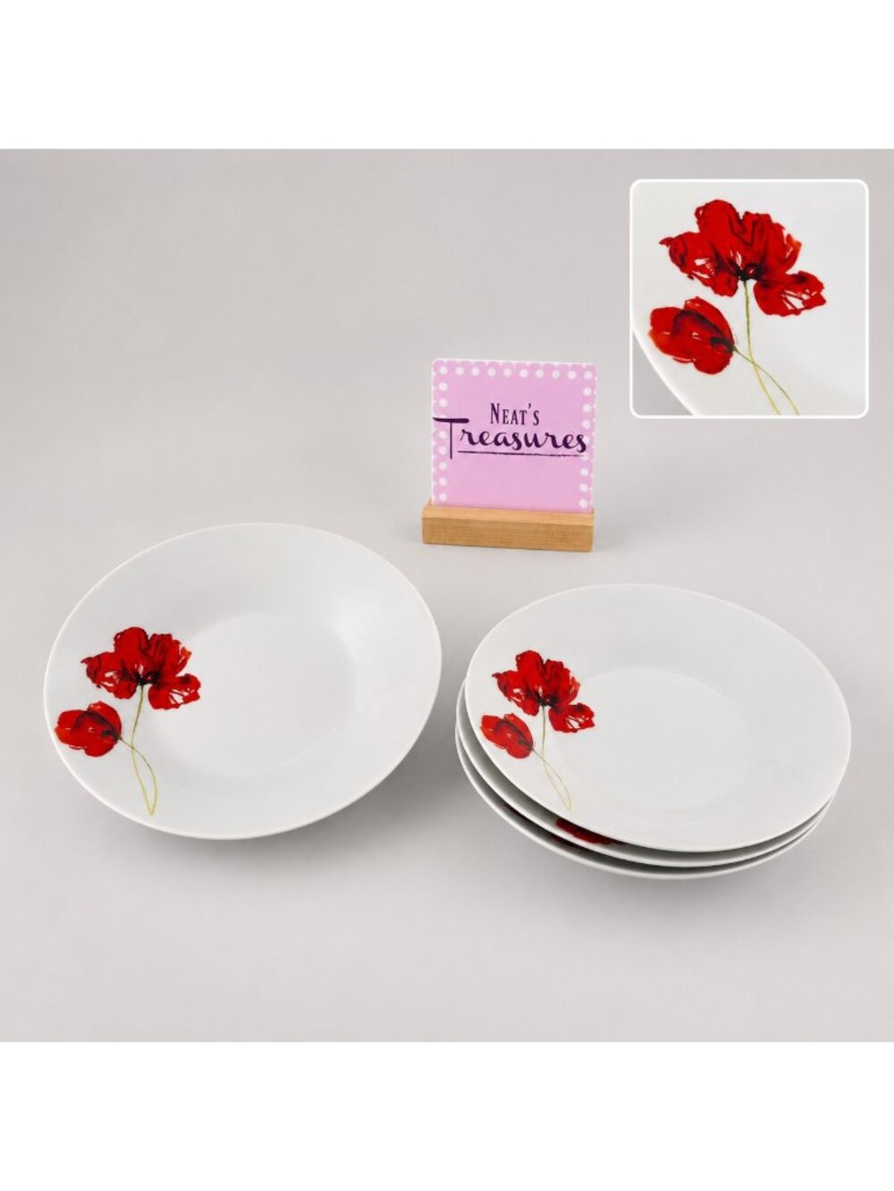 H2K Home To Kitchen POPPI Red Floral White Porcelain Soup Cereal Bowls Set of 4